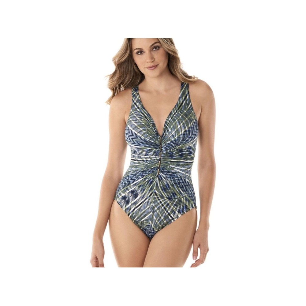 Misha Levine shapewear Swimsuit 10 green blue geo stripes tummy tuck control